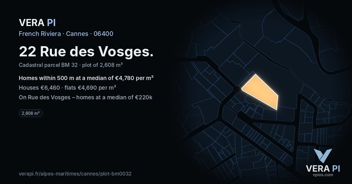 22 Rue des Vosges, Cannes at night – the plot lit, the parcels around coloured by the prices near them