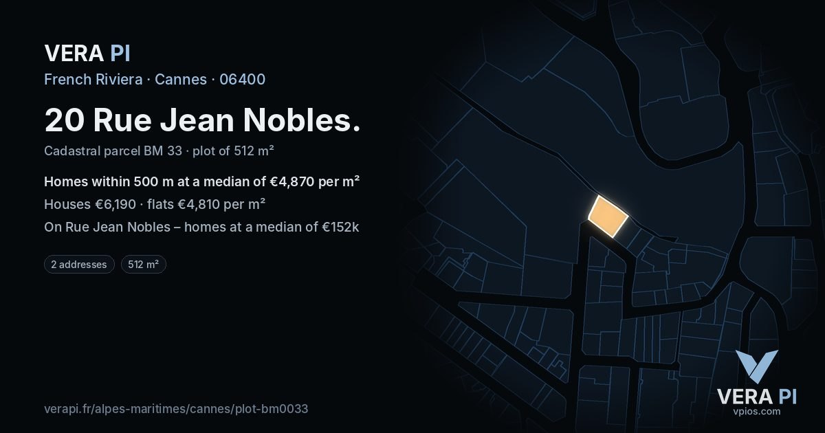 20 Rue Jean Nobles, Cannes at night – the plot lit, the parcels around coloured by the prices near them