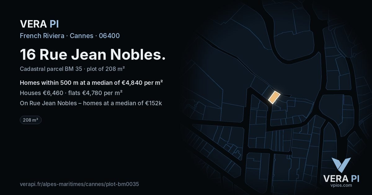 16 Rue Jean Nobles, Cannes at night – the plot lit, the parcels around coloured by the prices near them