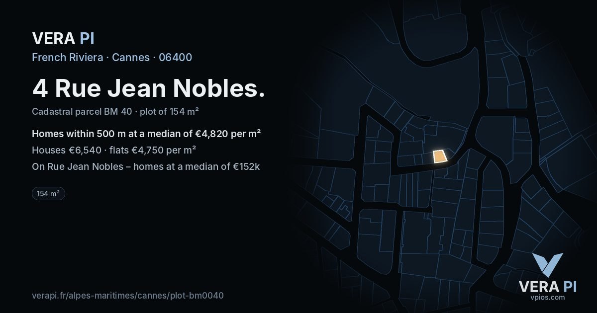4 Rue Jean Nobles, Cannes at night – the plot lit, the parcels around coloured by the prices near them