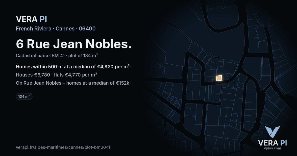 6 Rue Jean Nobles, Cannes at night – the plot lit, the parcels around coloured by the prices near them