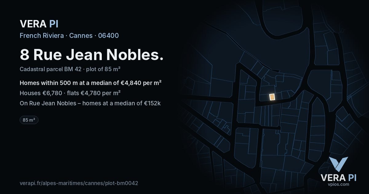 8 Rue Jean Nobles, Cannes at night – the plot lit, the parcels around coloured by the prices near them