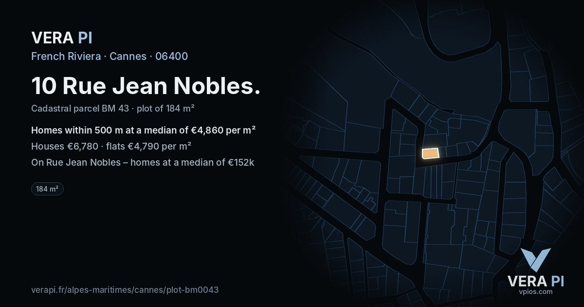 10 Rue Jean Nobles, Cannes at night – the plot lit, the parcels around coloured by the prices near them