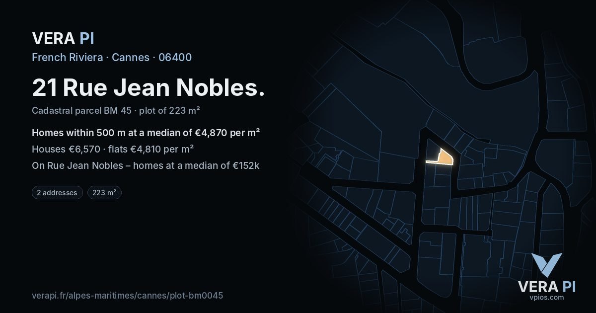 21 Rue Jean Nobles, Cannes at night – the plot lit, the parcels around coloured by the prices near them