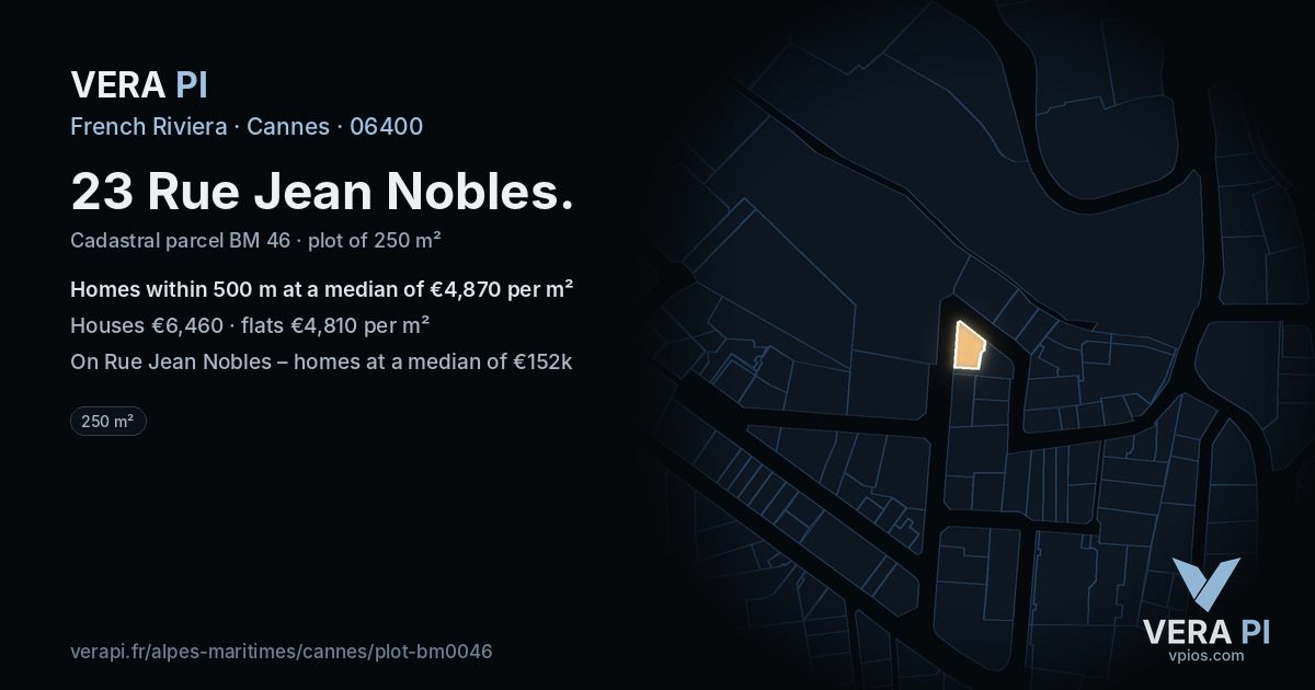 23 Rue Jean Nobles, Cannes at night – the plot lit, the parcels around coloured by the prices near them