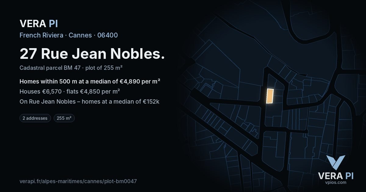 27 Rue Jean Nobles, Cannes at night – the plot lit, the parcels around coloured by the prices near them