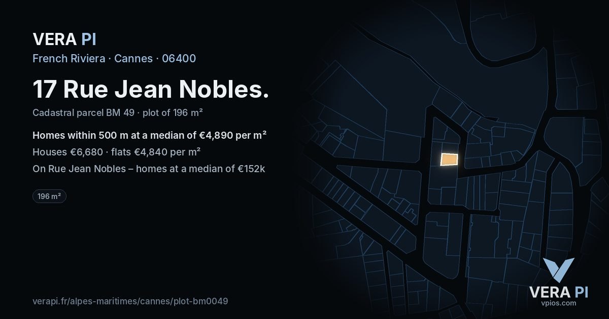 17 Rue Jean Nobles, Cannes at night – the plot lit, the parcels around coloured by the prices near them