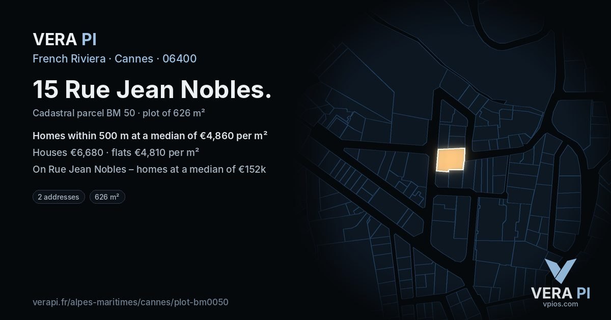 15 Rue Jean Nobles, Cannes at night – the plot lit, the parcels around coloured by the prices near them