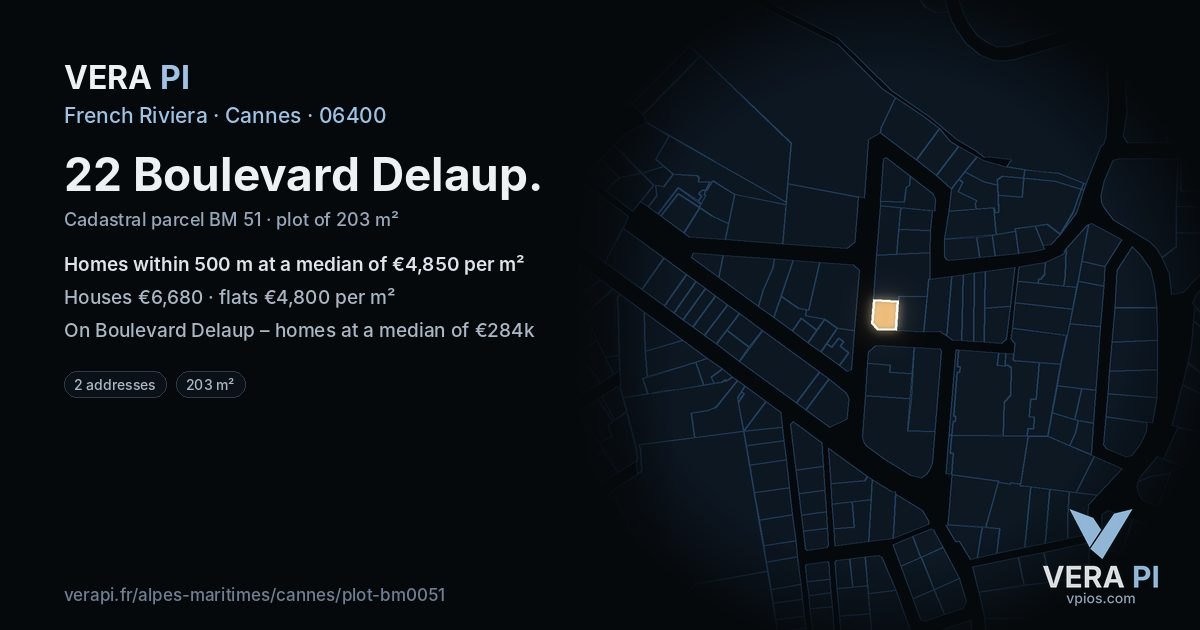 22 Boulevard Delaup, Cannes at night – the plot lit, the parcels around coloured by the prices near them