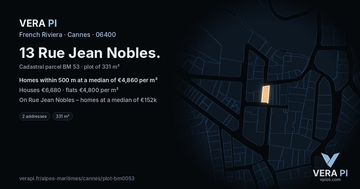 13 Rue Jean Nobles, Cannes at night – the plot lit, the parcels around coloured by the prices near them