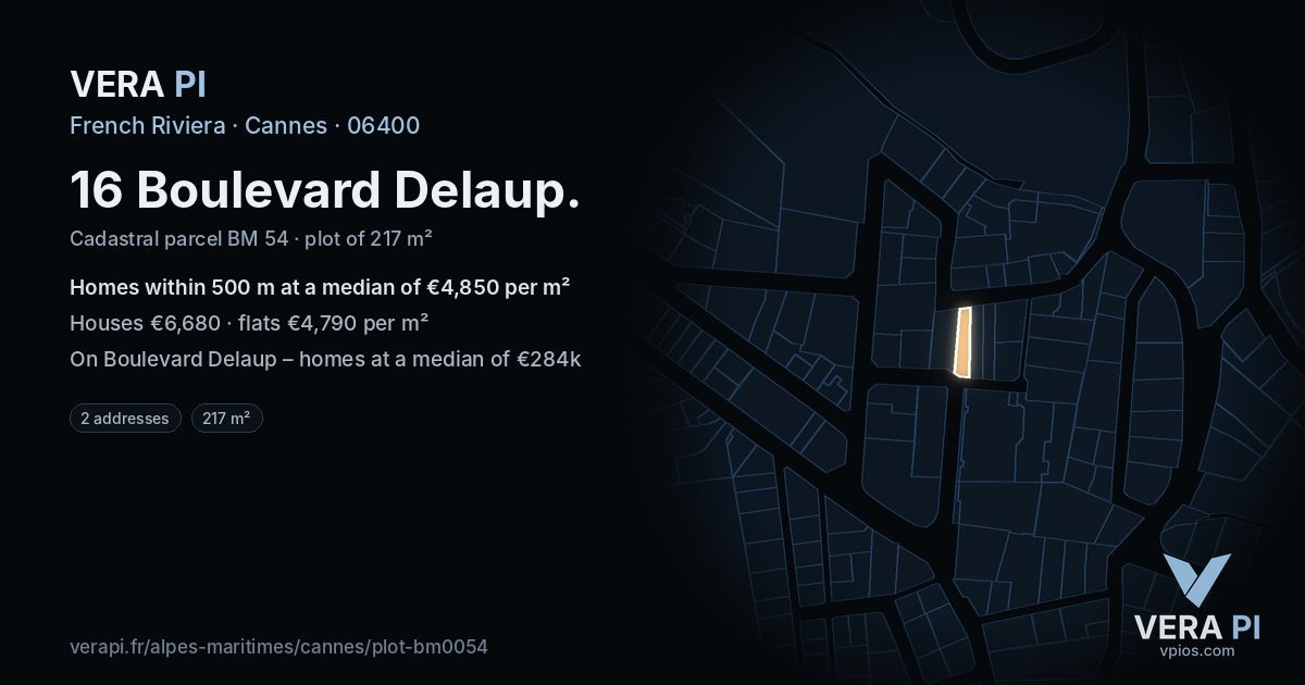 16 Boulevard Delaup, Cannes at night – the plot lit, the parcels around coloured by the prices near them