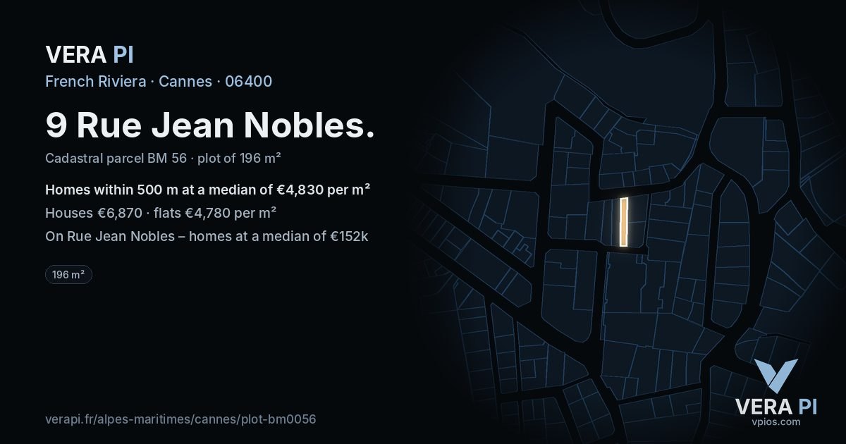 9 Rue Jean Nobles, Cannes at night – the plot lit, the parcels around coloured by the prices near them