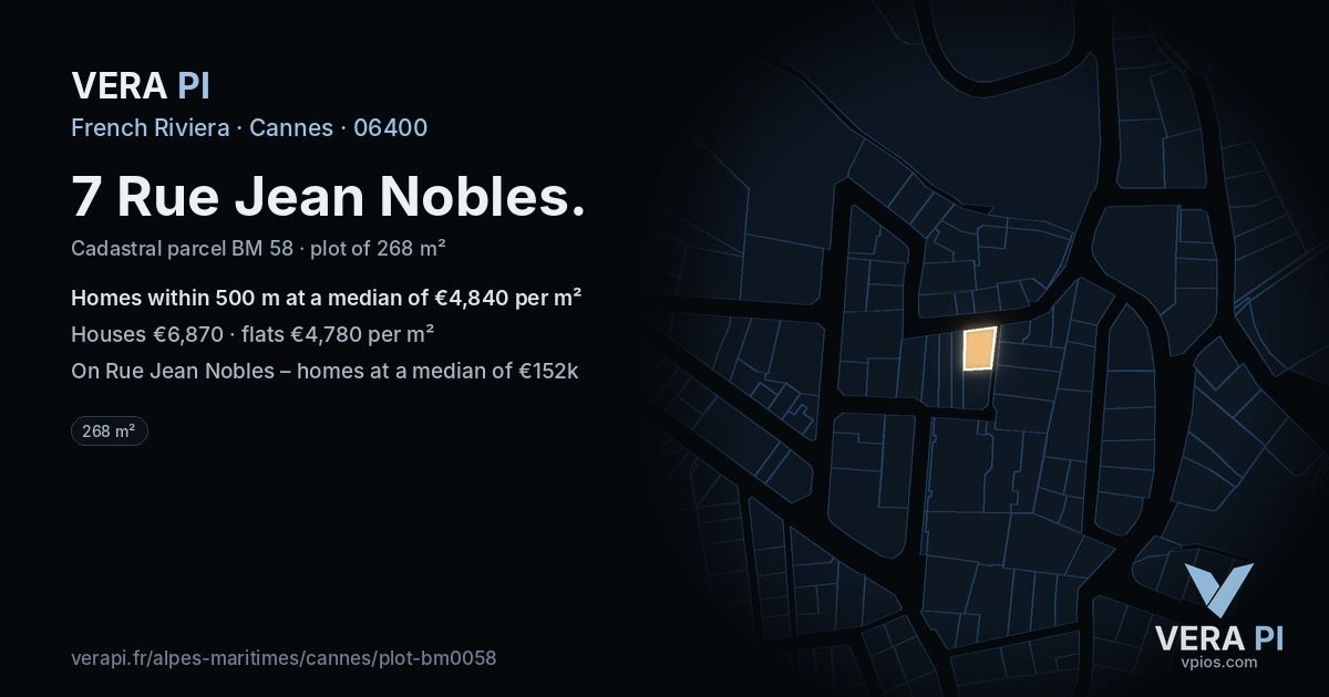 7 Rue Jean Nobles, Cannes at night – the plot lit, the parcels around coloured by the prices near them