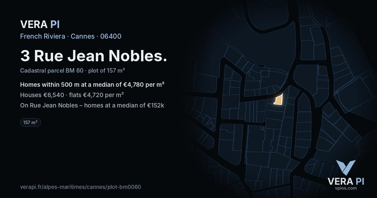 3 Rue Jean Nobles, Cannes at night – the plot lit, the parcels around coloured by the prices near them