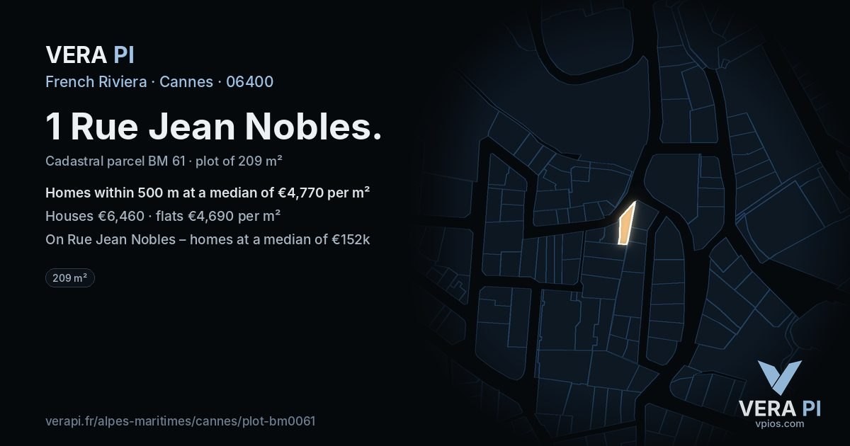 1 Rue Jean Nobles, Cannes at night – the plot lit, the parcels around coloured by the prices near them