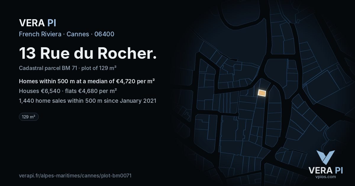 13 Rue du Rocher, Cannes at night – the plot lit, the parcels around coloured by the prices near them
