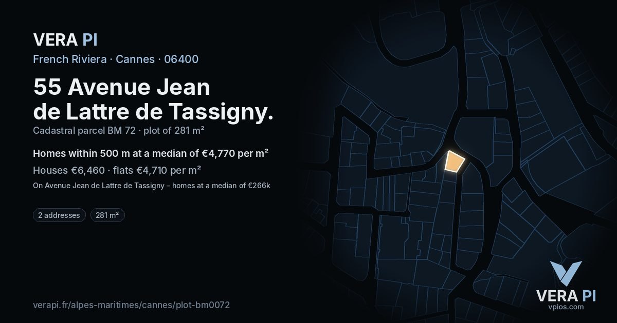 55 Avenue Jean de Lattre de Tassigny, Cannes at night – the plot lit, the parcels around coloured by the prices near them