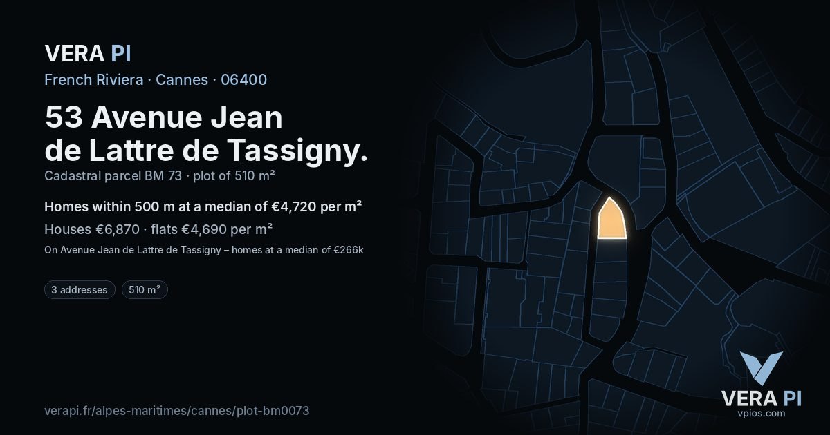53 Avenue Jean de Lattre de Tassigny, Cannes at night – the plot lit, the parcels around coloured by the prices near them