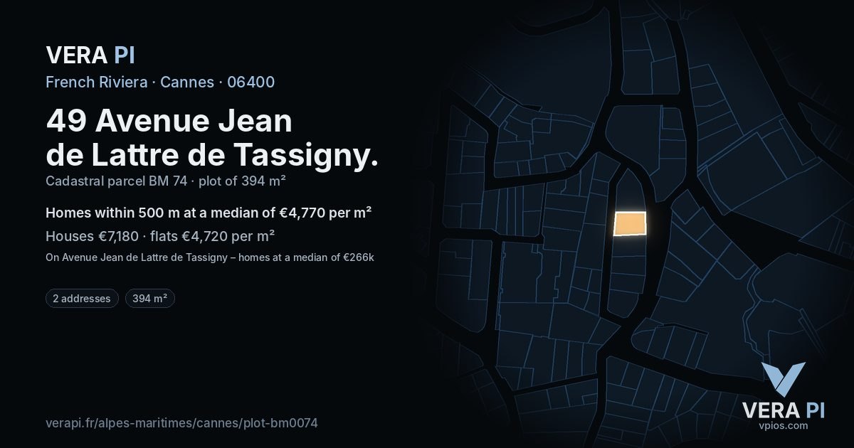 49 Avenue Jean de Lattre de Tassigny, Cannes at night – the plot lit, the parcels around coloured by the prices near them