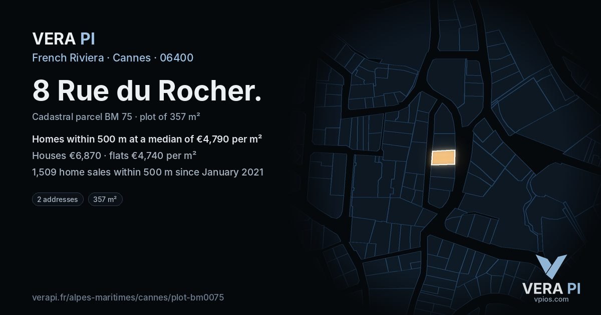 8 Rue du Rocher, Cannes at night – the plot lit, the parcels around coloured by the prices near them