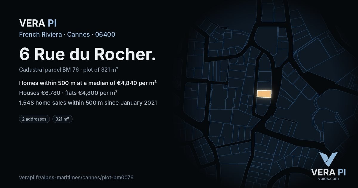 6 Rue du Rocher, Cannes at night – the plot lit, the parcels around coloured by the prices near them