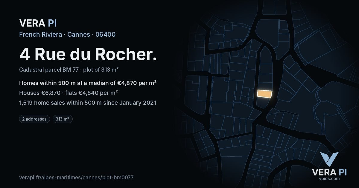 4 Rue du Rocher, Cannes at night – the plot lit, the parcels around coloured by the prices near them