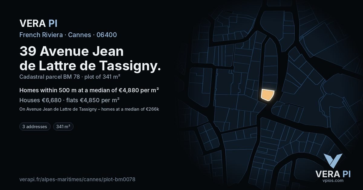 39 Avenue Jean de Lattre de Tassigny, Cannes at night – the plot lit, the parcels around coloured by the prices near them