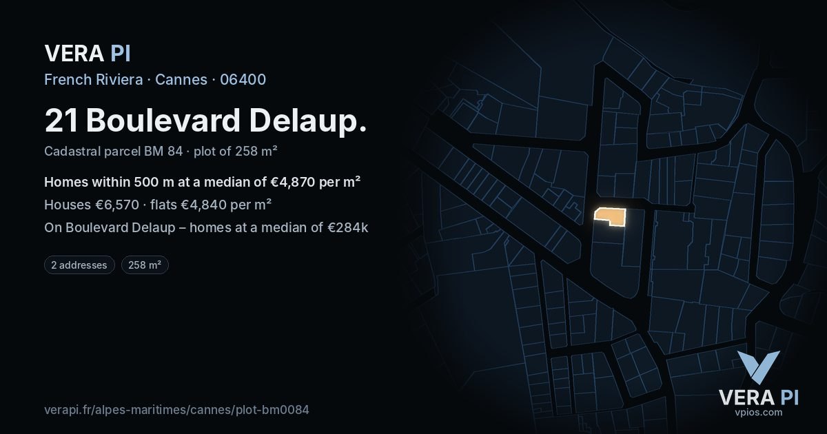 21 Boulevard Delaup, Cannes at night – the plot lit, the parcels around coloured by the prices near them