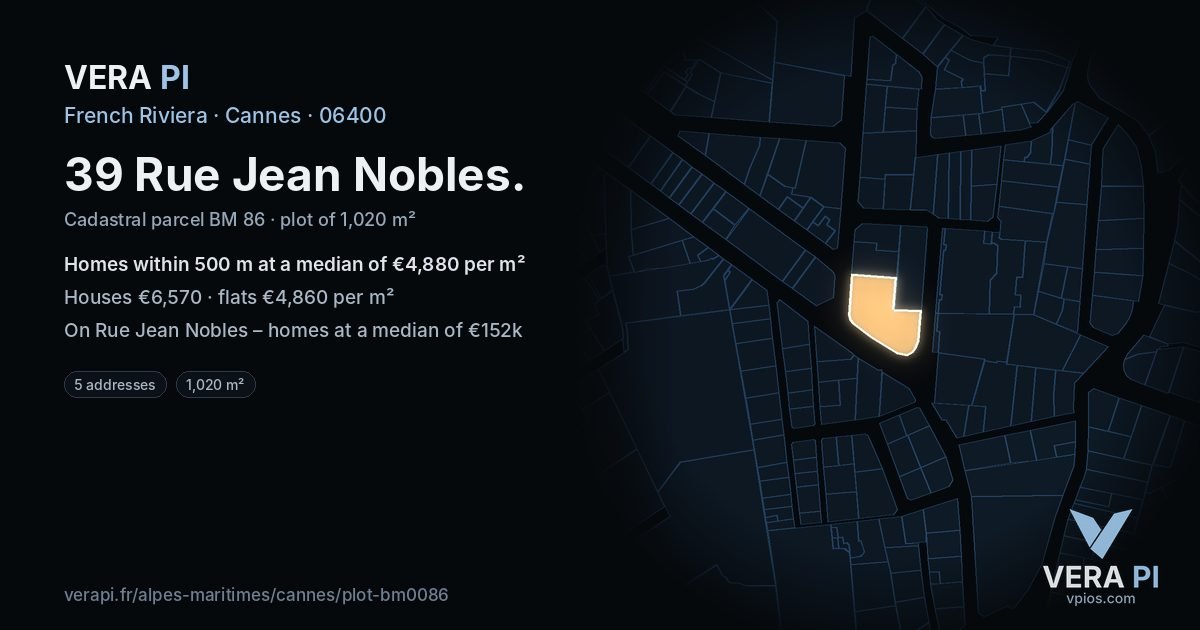 39 Rue Jean Nobles, Cannes at night – the plot lit, the parcels around coloured by the prices near them