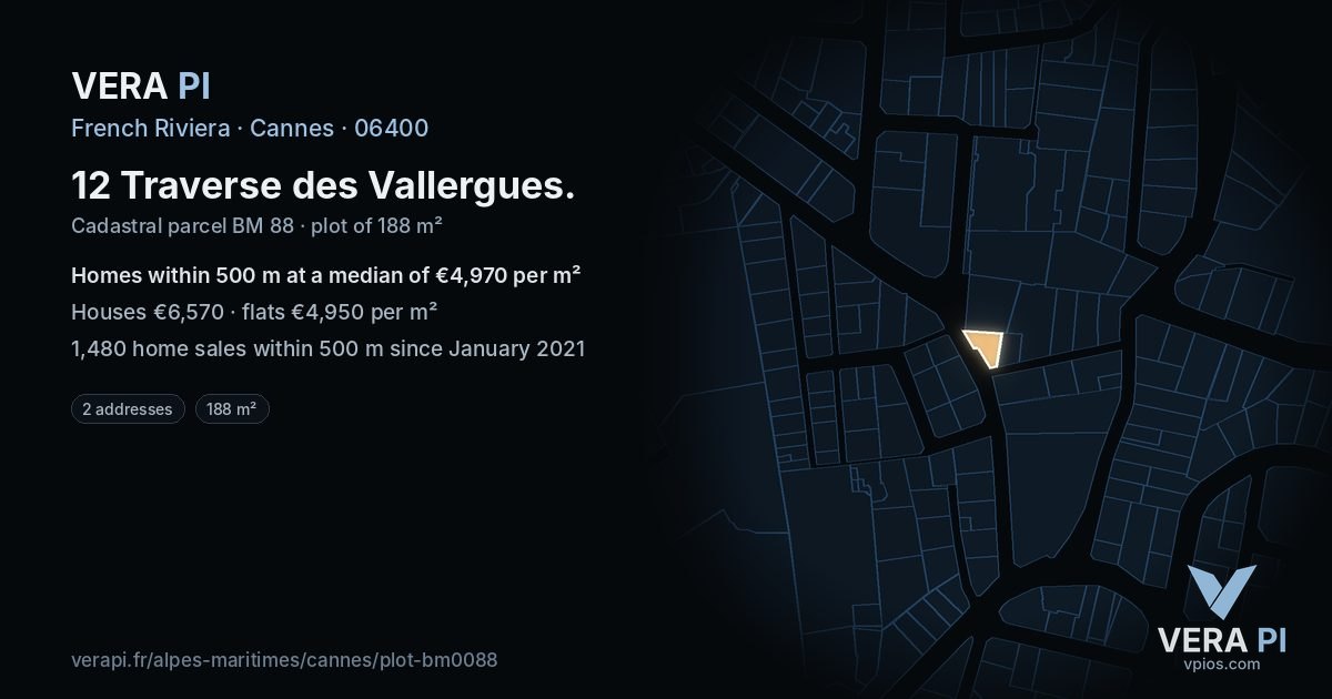 12 Traverse des Vallergues, Cannes at night – the plot lit, the parcels around coloured by the prices near them