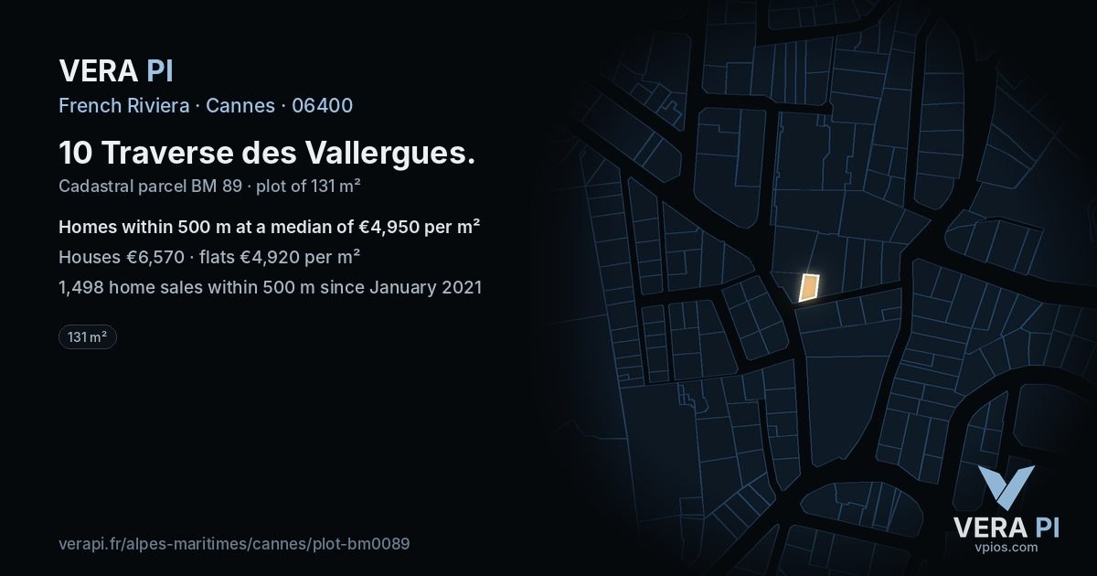 10 Traverse des Vallergues, Cannes at night – the plot lit, the parcels around coloured by the prices near them