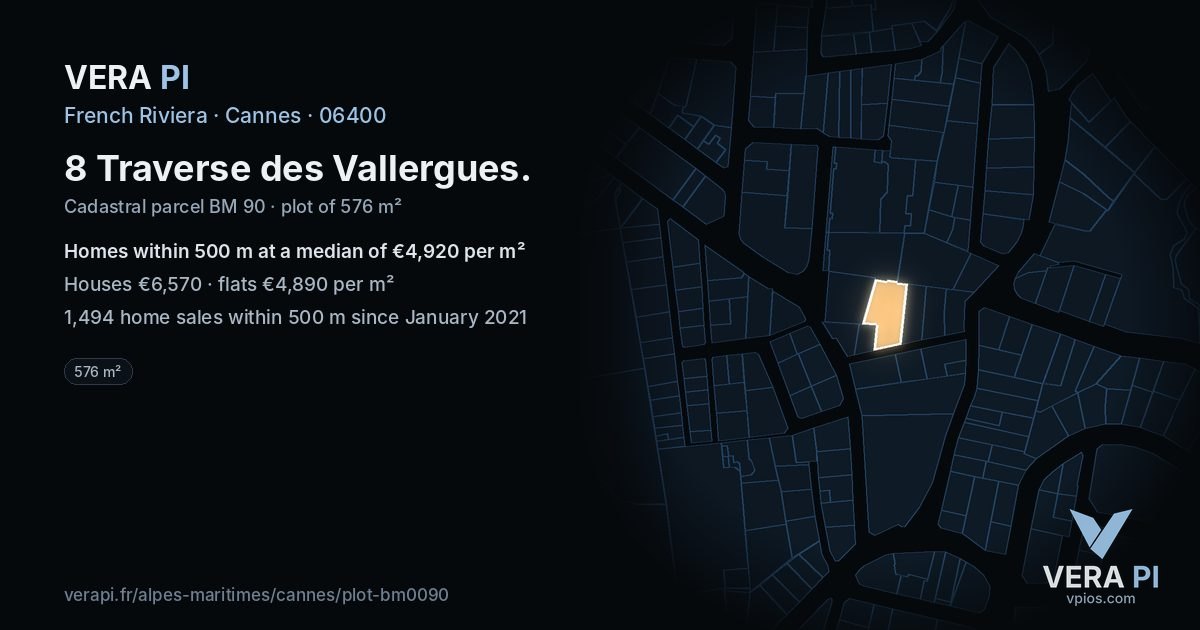 8 Traverse des Vallergues, Cannes at night – the plot lit, the parcels around coloured by the prices near them