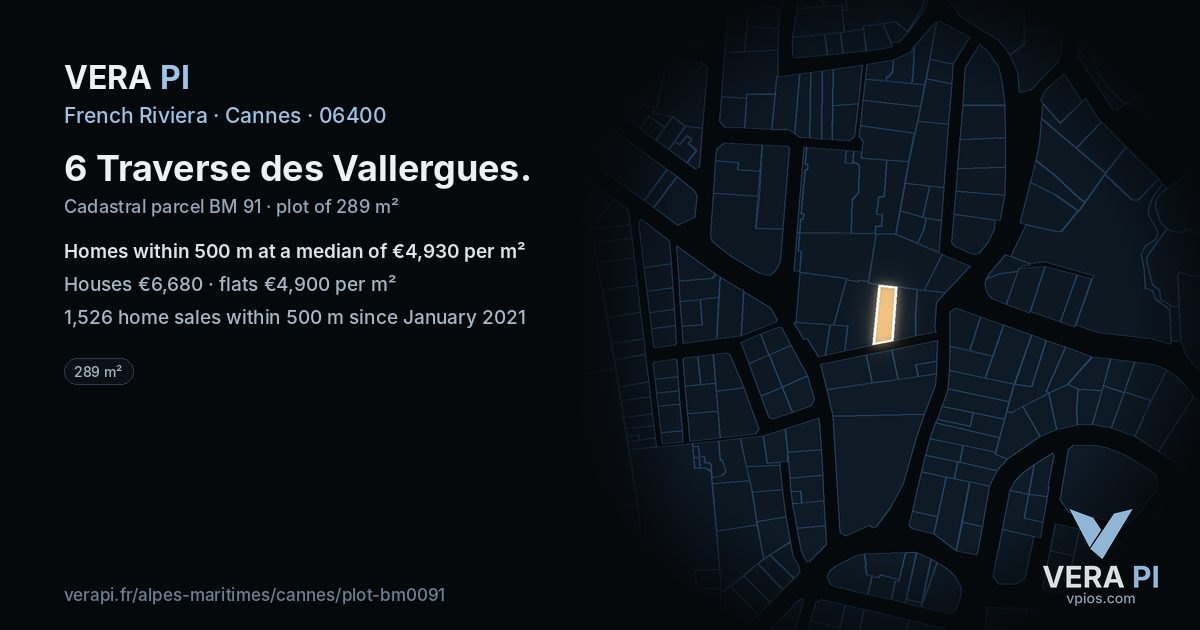 6 Traverse des Vallergues, Cannes at night – the plot lit, the parcels around coloured by the prices near them
