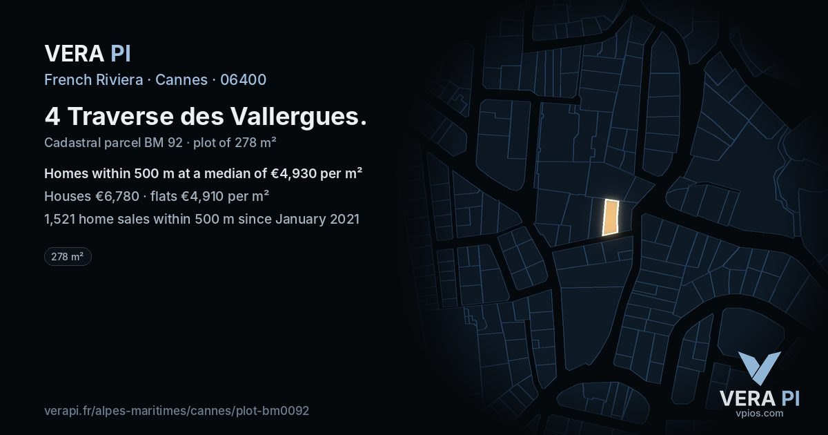 4 Traverse des Vallergues, Cannes at night – the plot lit, the parcels around coloured by the prices near them
