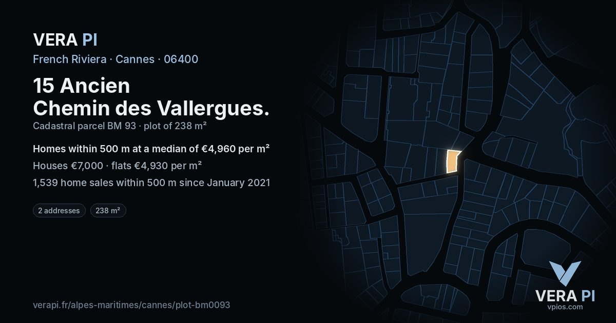 15 Ancien Chemin des Vallergues, Cannes at night – the plot lit, the parcels around coloured by the prices near them
