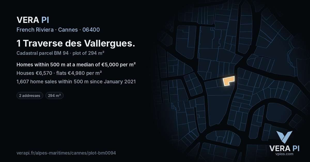 1 Traverse des Vallergues, Cannes at night – the plot lit, the parcels around coloured by the prices near them