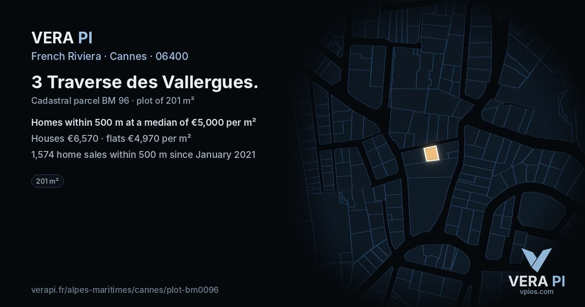 3 Traverse des Vallergues, Cannes at night – the plot lit, the parcels around coloured by the prices near them
