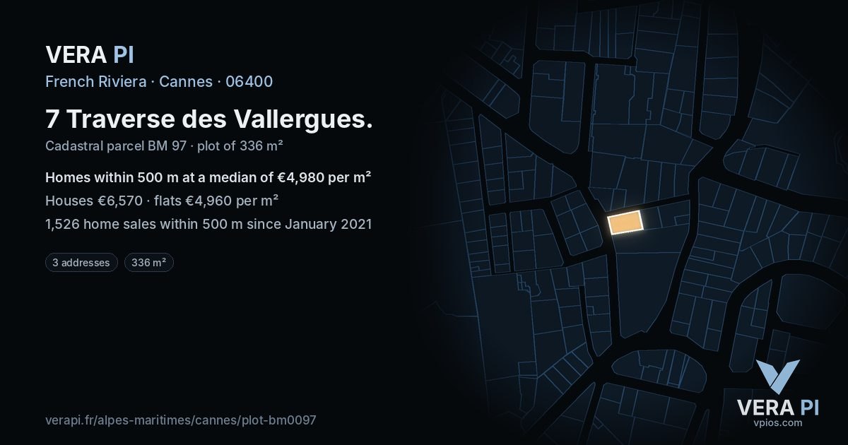 7 Traverse des Vallergues, Cannes at night – the plot lit, the parcels around coloured by the prices near them