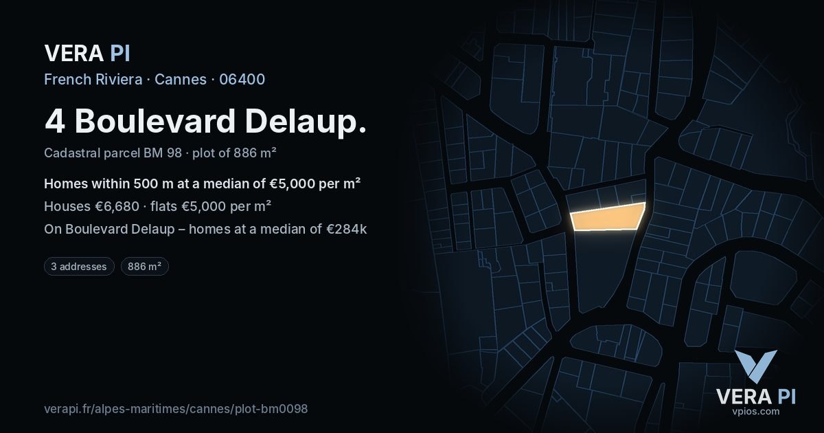 4 Boulevard Delaup, Cannes at night – the plot lit, the parcels around coloured by the prices near them