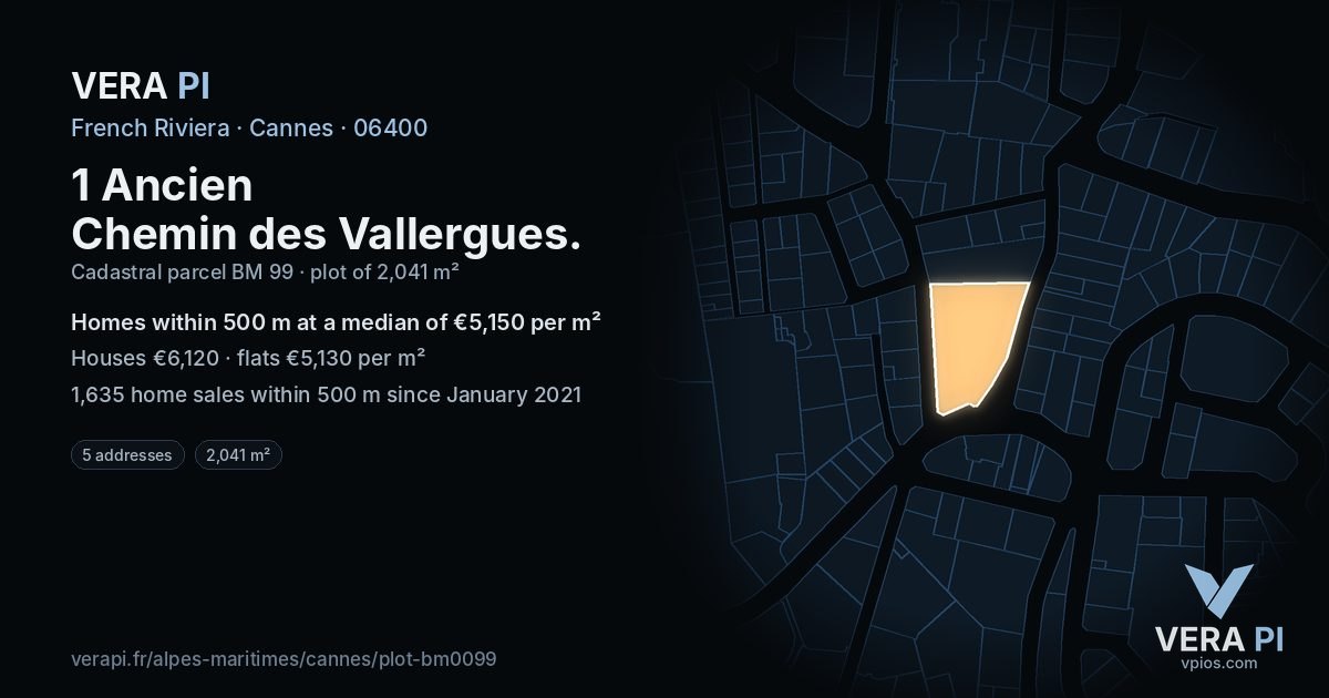 1 Ancien Chemin des Vallergues, Cannes at night – the plot lit, the parcels around coloured by the prices near them