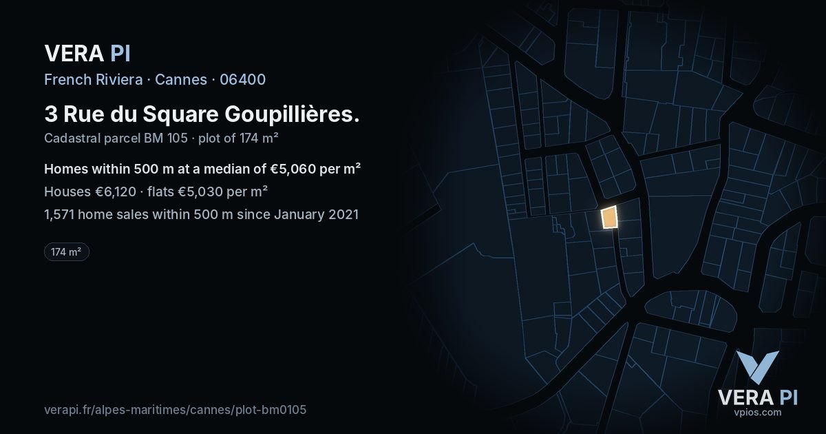 3 Rue du Square Goupillières, Cannes at night – the plot lit, the parcels around coloured by the prices near them