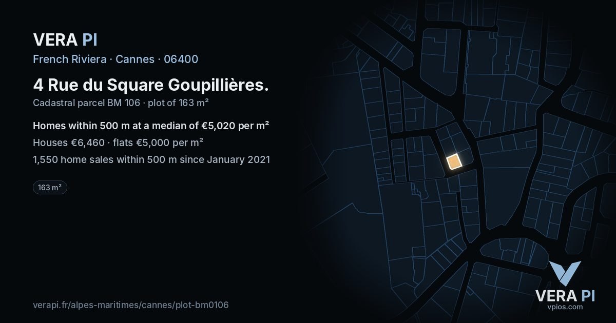 4 Rue du Square Goupillières, Cannes at night – the plot lit, the parcels around coloured by the prices near them