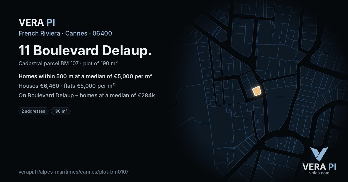 11 Boulevard Delaup, Cannes at night – the plot lit, the parcels around coloured by the prices near them