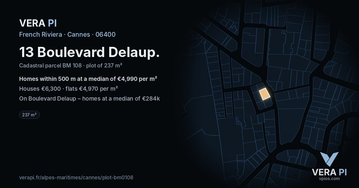 13 Boulevard Delaup, Cannes at night – the plot lit, the parcels around coloured by the prices near them
