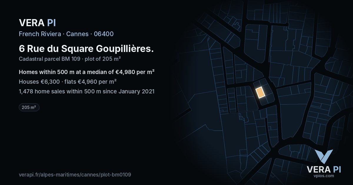 6 Rue du Square Goupillières, Cannes at night – the plot lit, the parcels around coloured by the prices near them