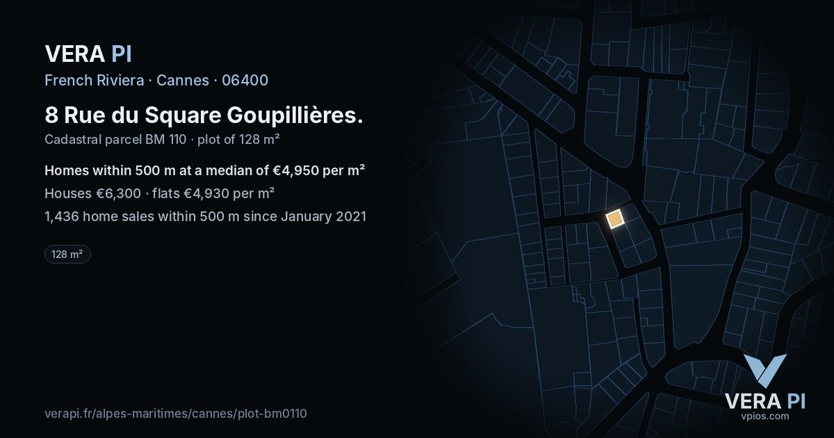 8 Rue du Square Goupillières, Cannes at night – the plot lit, the parcels around coloured by the prices near them