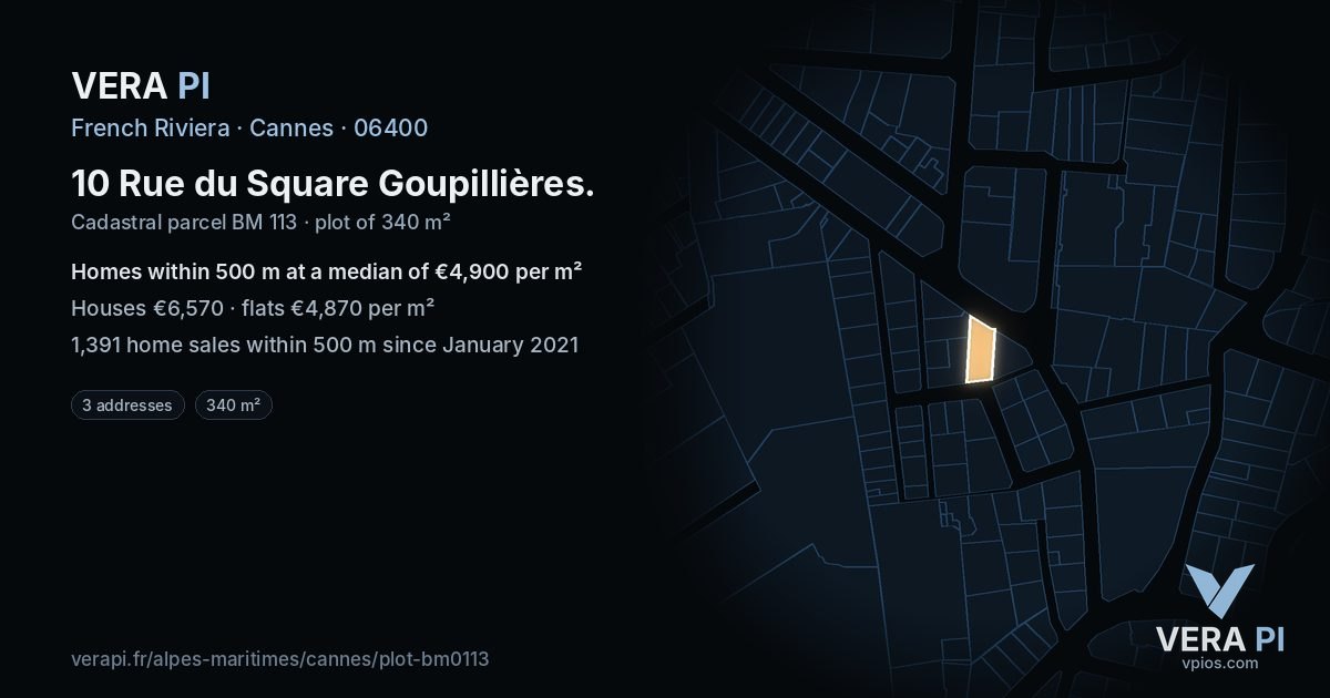 10 Rue du Square Goupillières, Cannes at night – the plot lit, the parcels around coloured by the prices near them