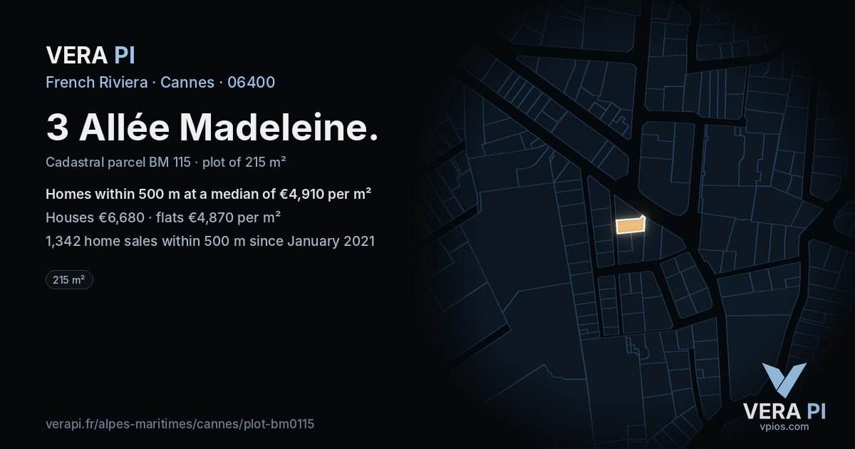 3 Allée Madeleine, Cannes at night – the plot lit, the parcels around coloured by the prices near them