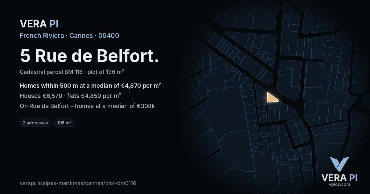 5 Rue de Belfort, Cannes at night – the plot lit, the parcels around coloured by the prices near them