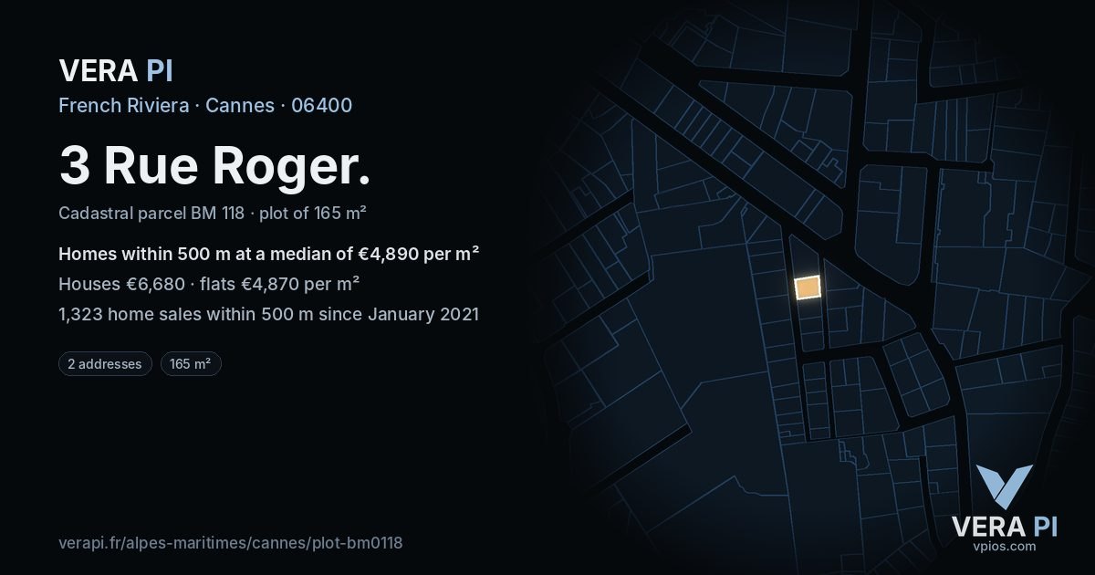 3 Rue Roger, Cannes at night – the plot lit, the parcels around coloured by the prices near them
